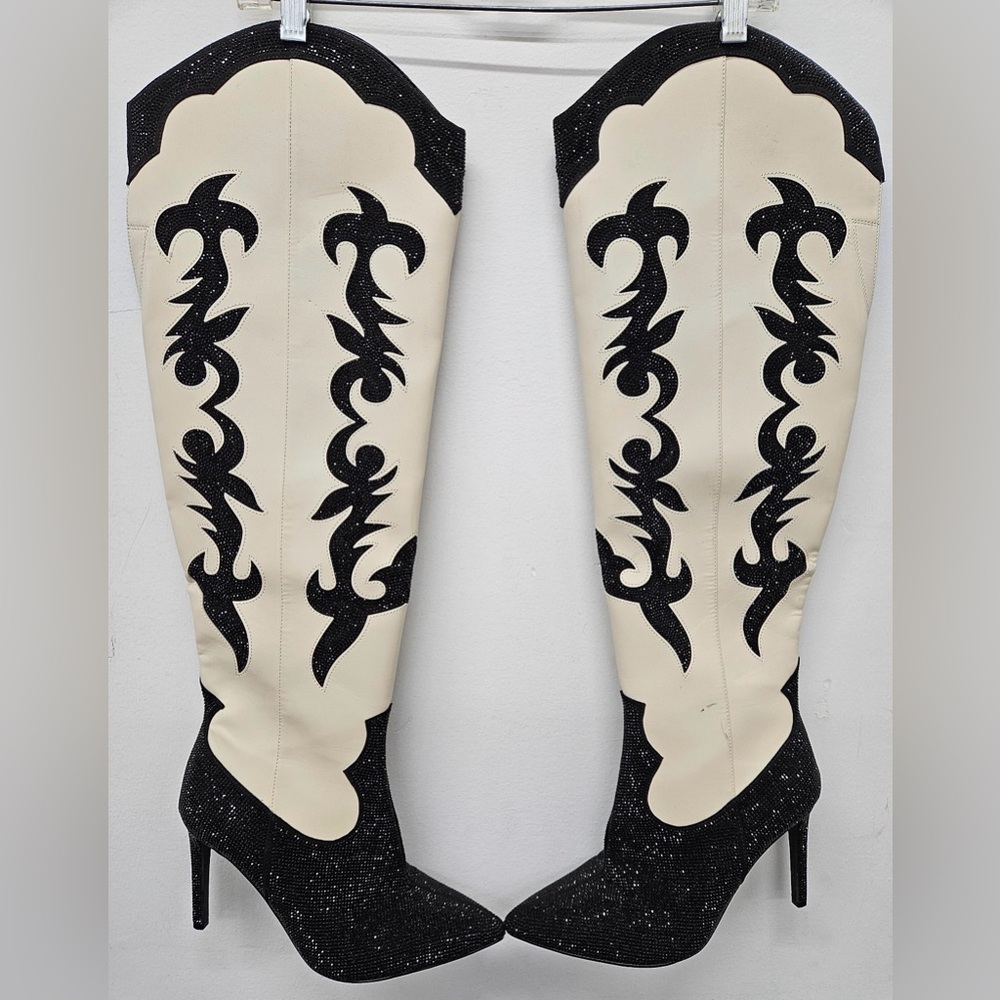 Black and Cream Rhinestone Cowboy Boots